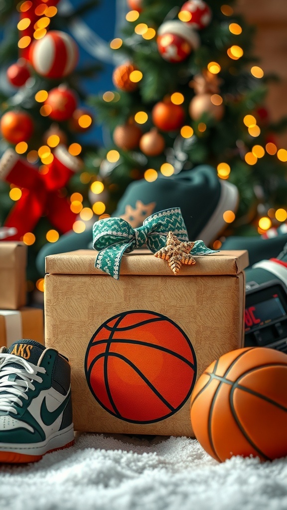 A Christmas gift display with basketball shoes, a jersey, and a basketball, set in a festive holiday scene.